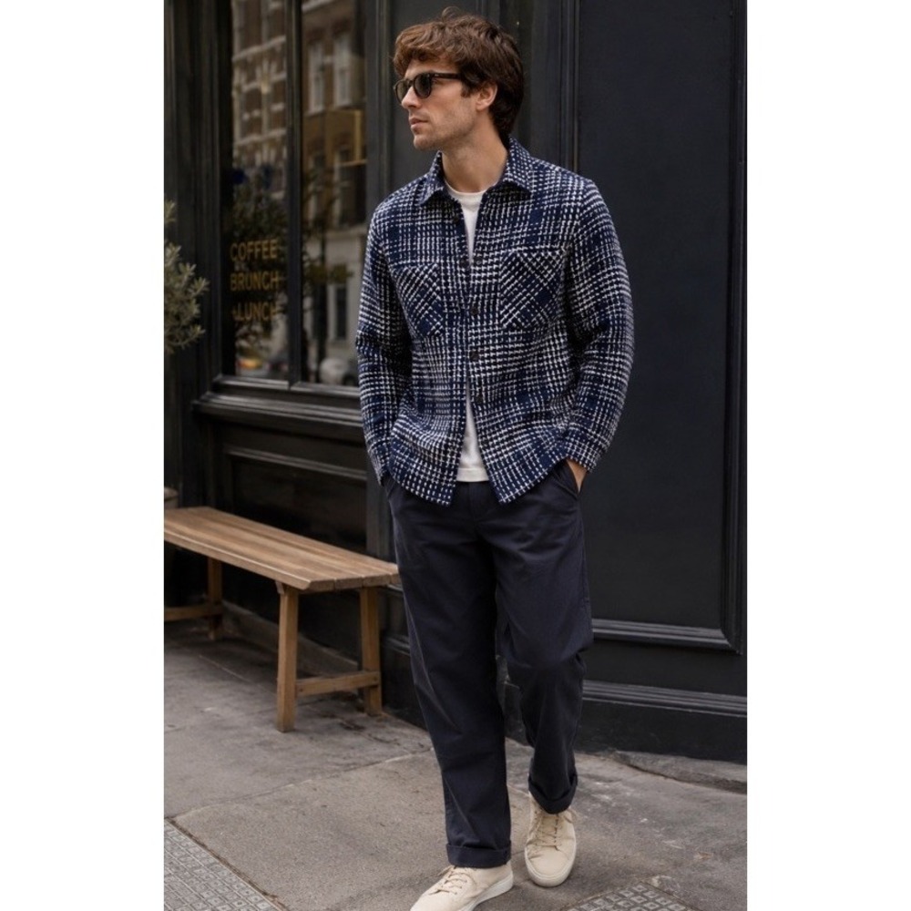 Wax London Whiting Mens Med Navy Blue Marine Beatnik Plaid Shirt Overshirt